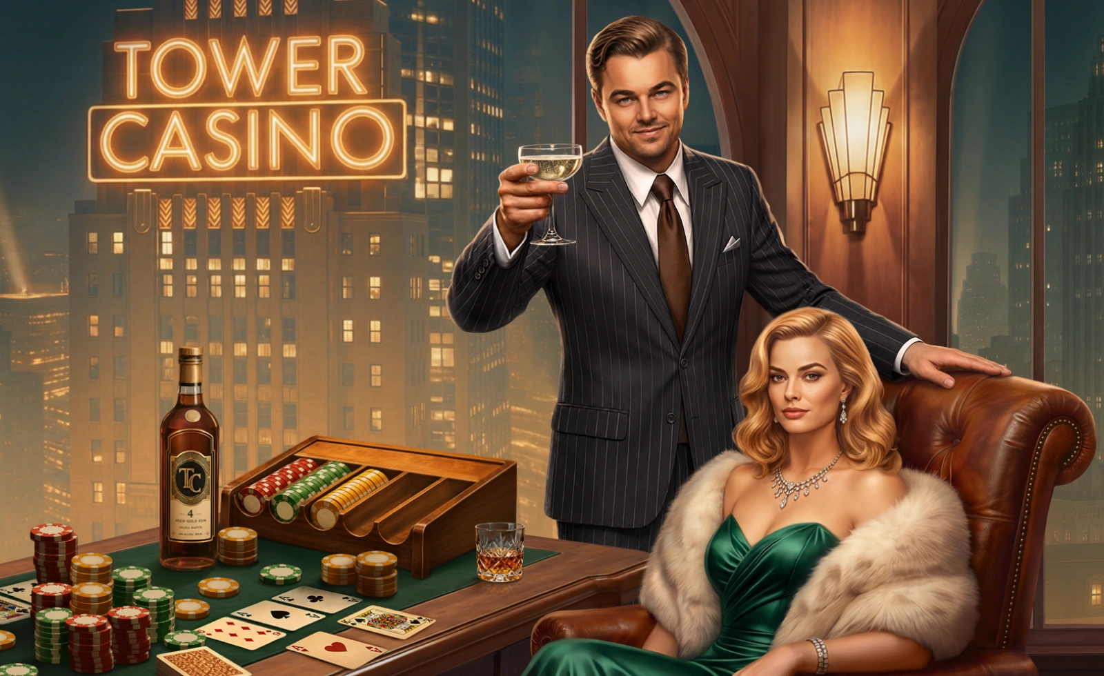 Art Deco Tower Casino lounge with guests and a golden city skyline